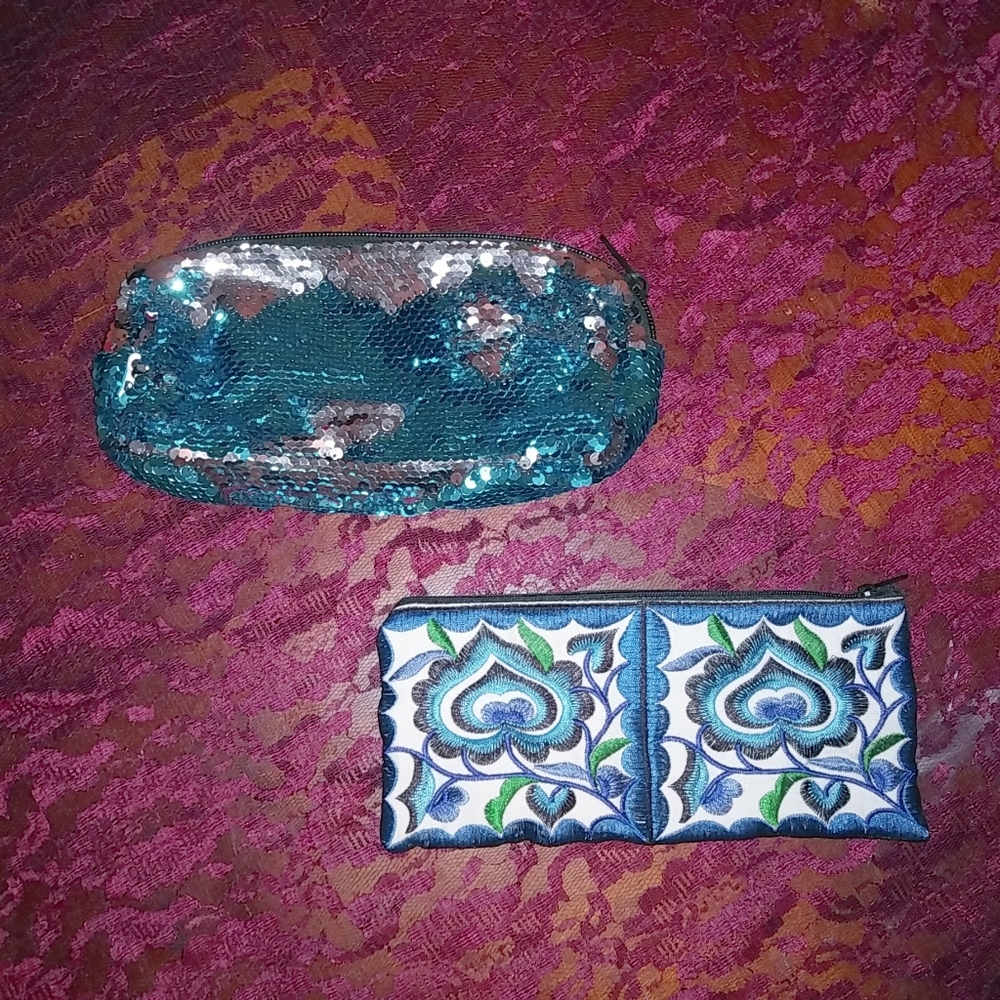 Cosmetic Bags 2 Blue Embroidery n Sequins